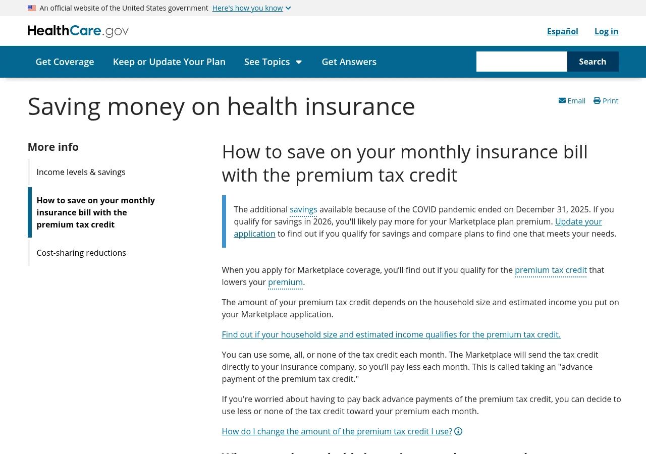 HealthCare.gov page on saving money on monthly premiums