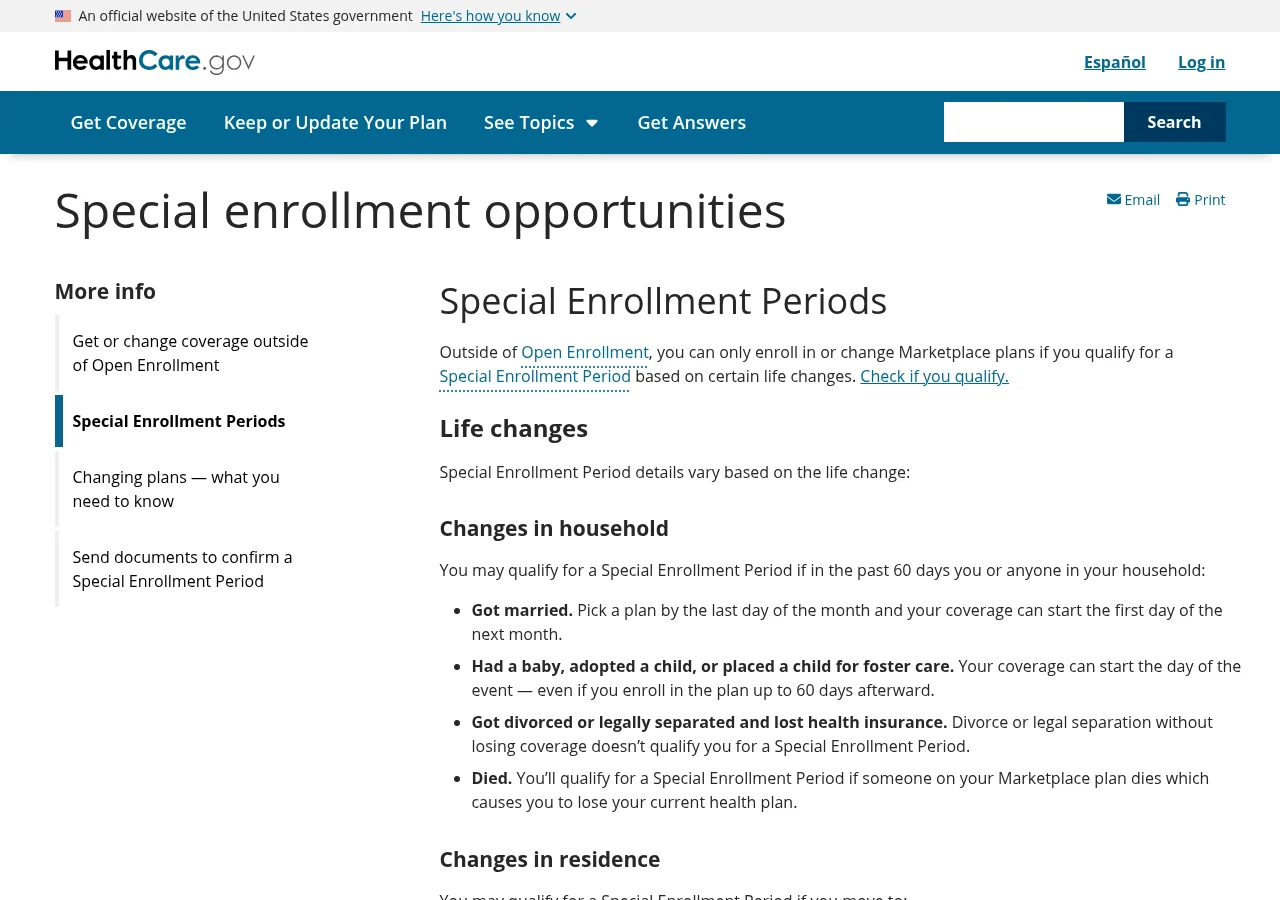 HealthCare.gov page on Special Enrollment Periods