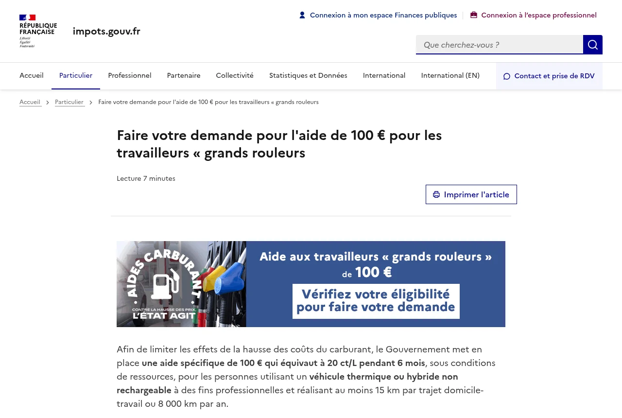 Page officielle de l'aide carburant « grands rouleurs » sur impots.gouv.fr