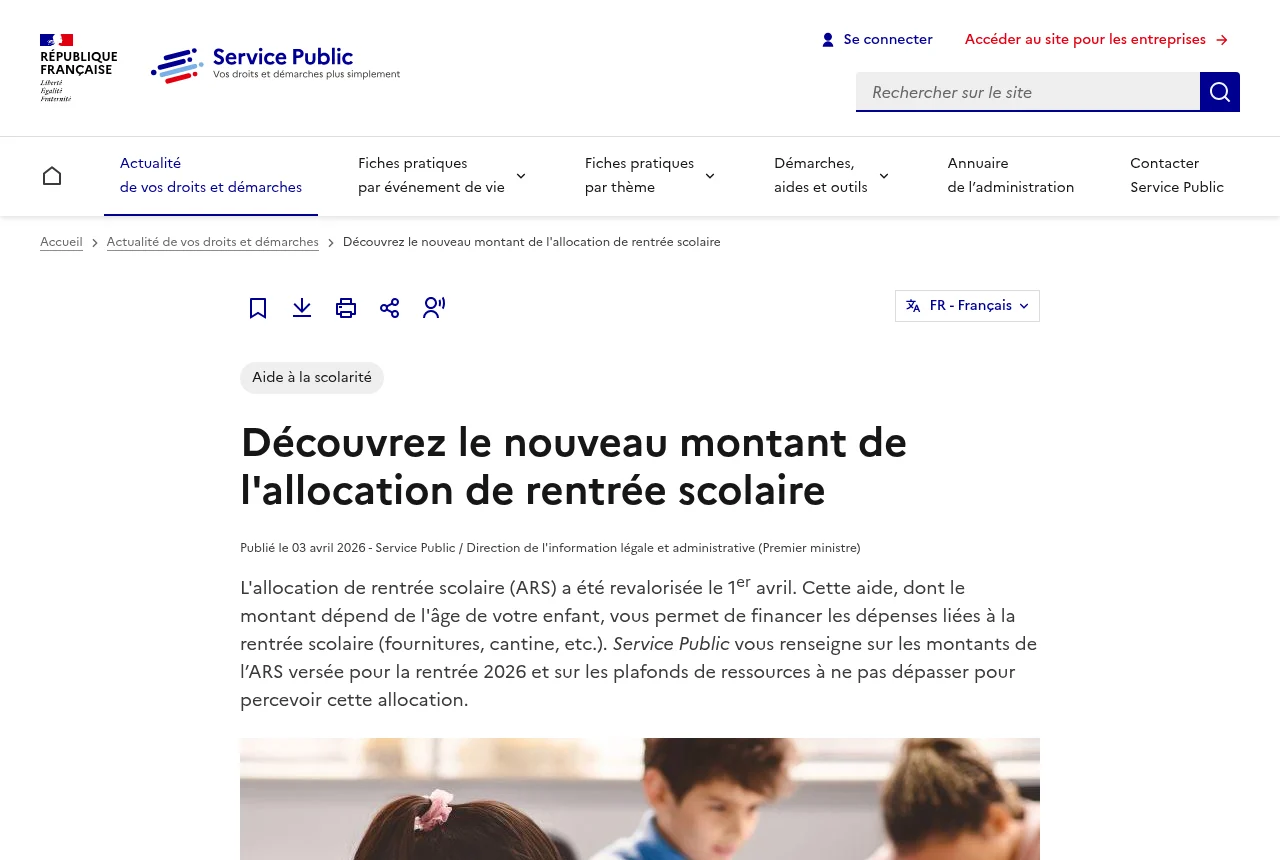 La page officielle annonçant les montants de l'allocation de rentrée scolaire