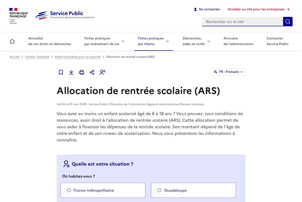 La fiche officielle de l'allocation de rentrée scolaire sur service-public.gouv.fr