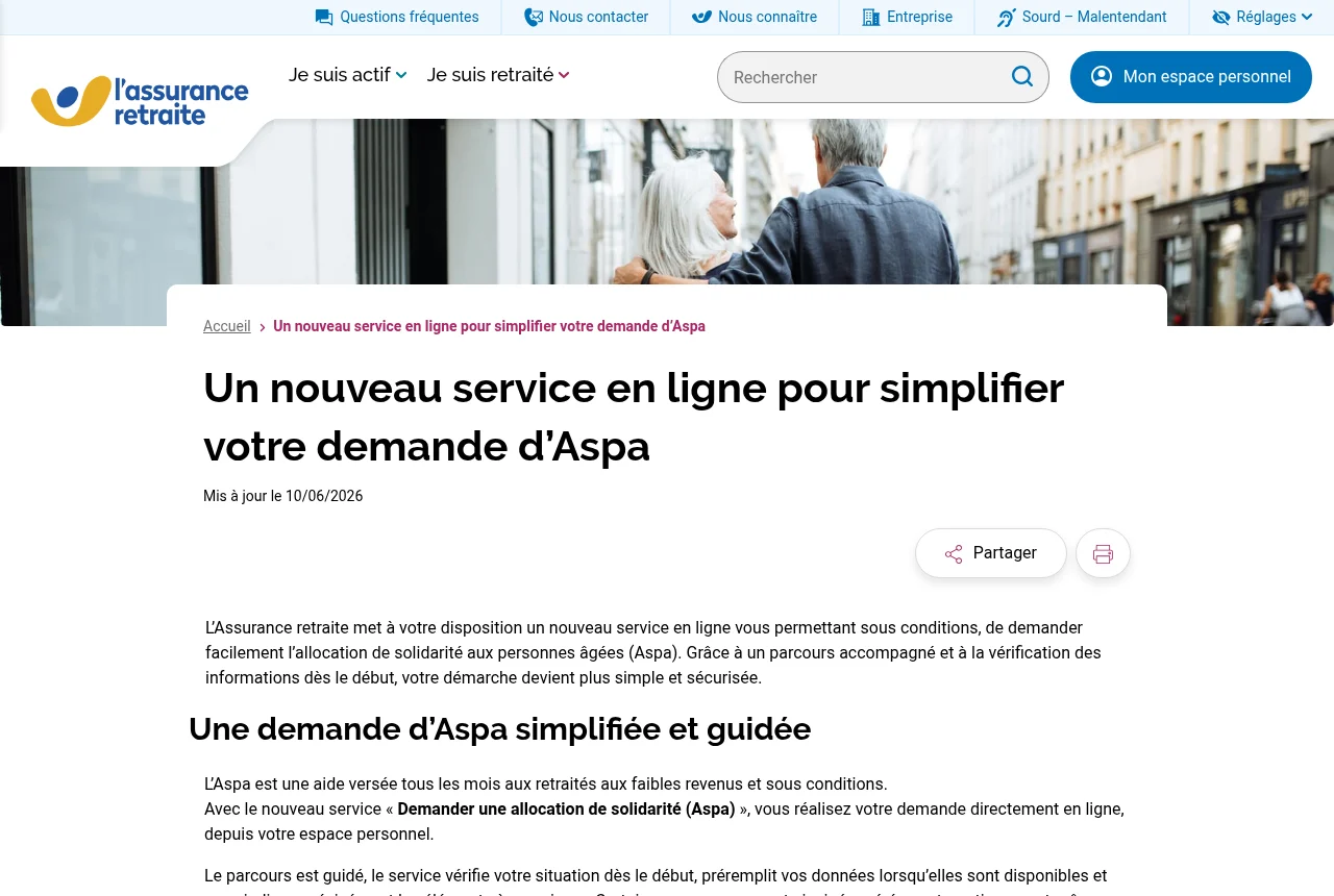 Le nouveau service officiel de demande d’Aspa en ligne de l’Assurance retraite
