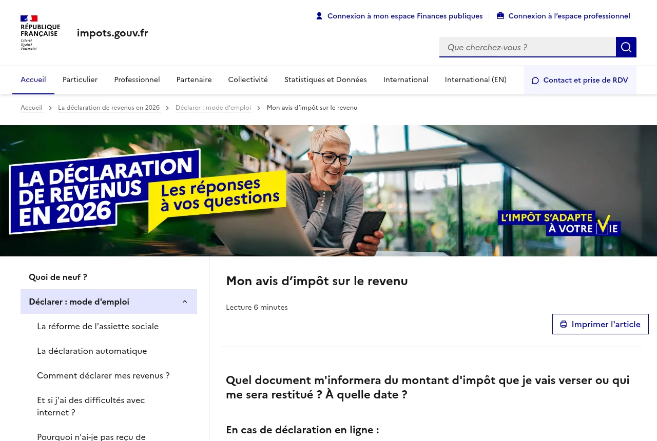 Page impots.gouv.fr expliquant où consulter son avis d'impôt sur le revenu