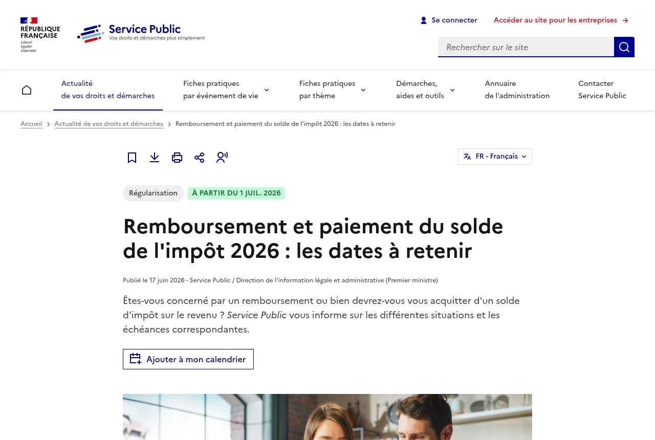 Page service-public.gouv.fr récapitulant les dates de remboursement et de paiement du solde de l'impôt 2026