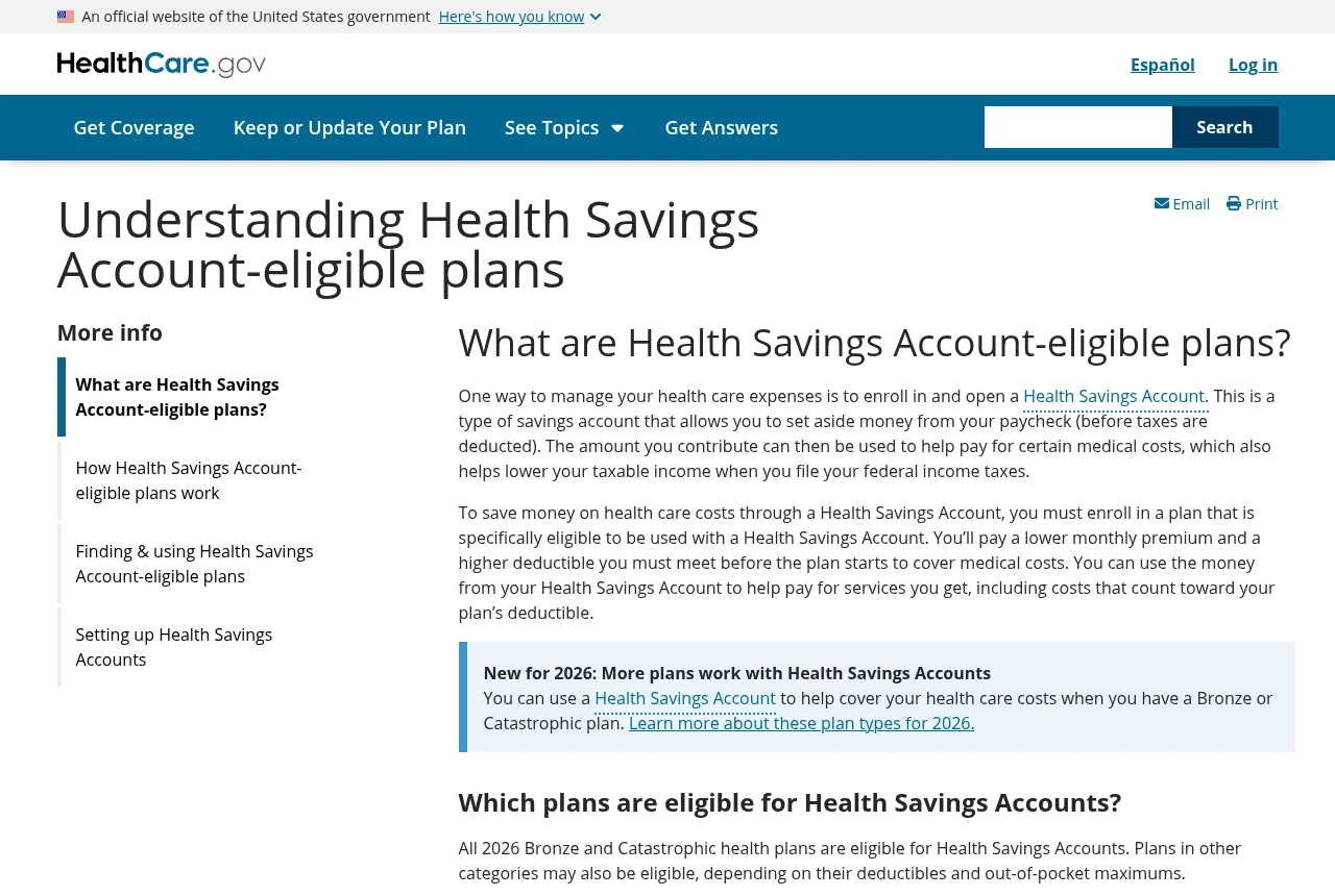 HealthCare.gov page explaining high deductible health plans and Health Savings Accounts