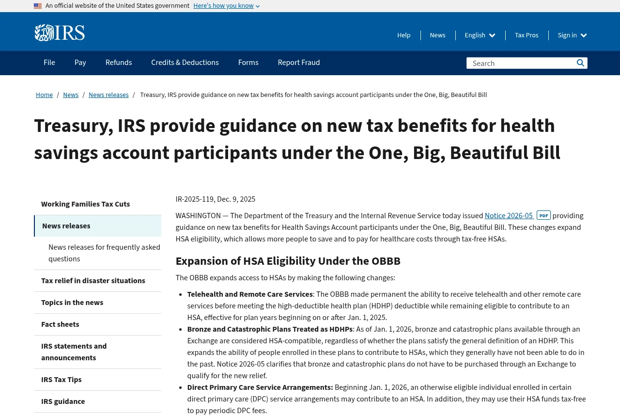 IRS Notice 2026-5, the guidance treating bronze and catastrophic plans as HSA-qualified