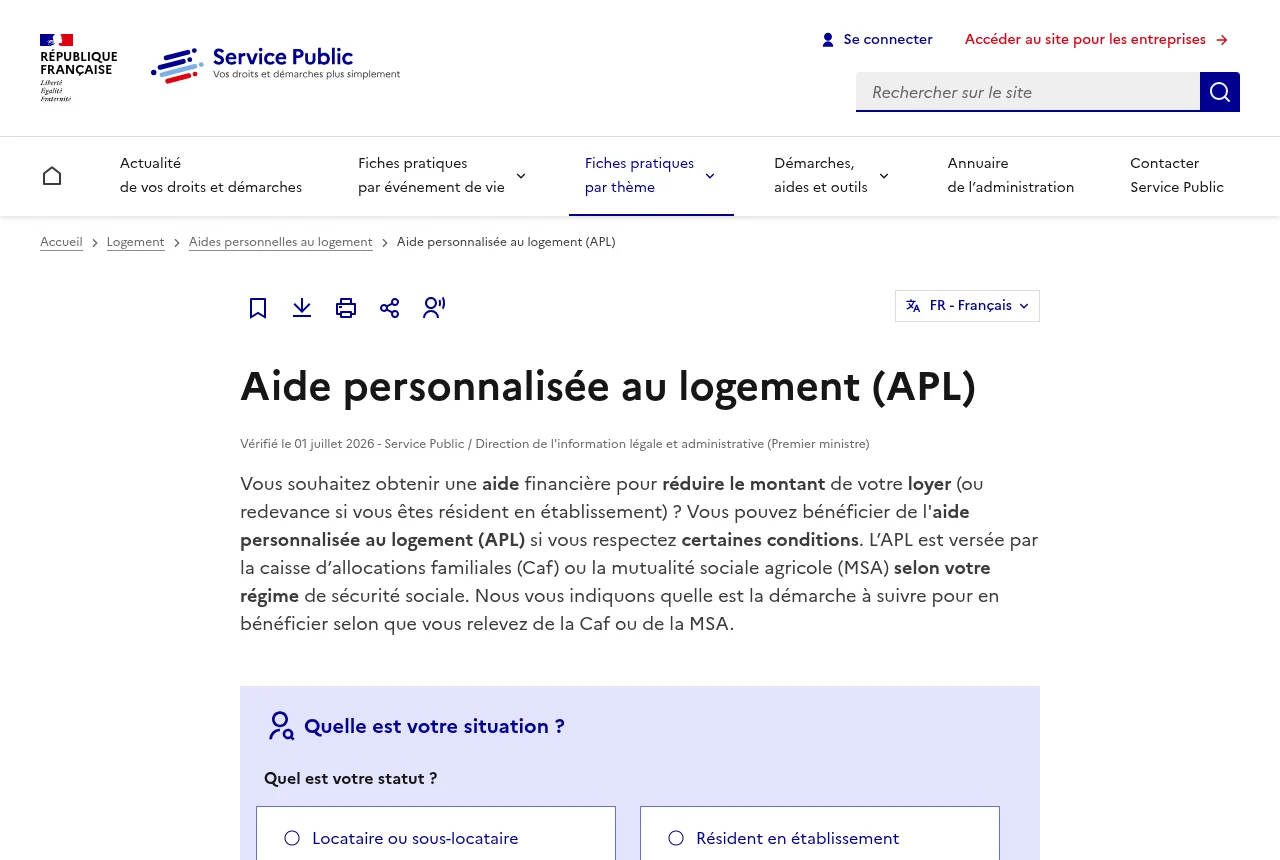 Fiche service-public.gouv.fr : aide personnalisée au logement (APL)