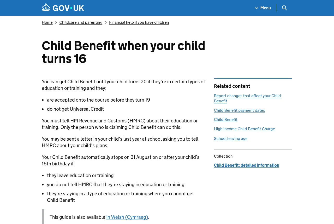GOV.UK guidance page on Child Benefit when your child turns 16