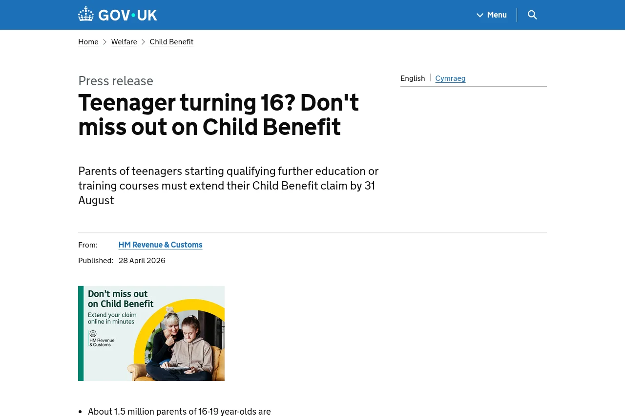HMRC press release urging parents of 16-year-olds to extend their Child Benefit claim