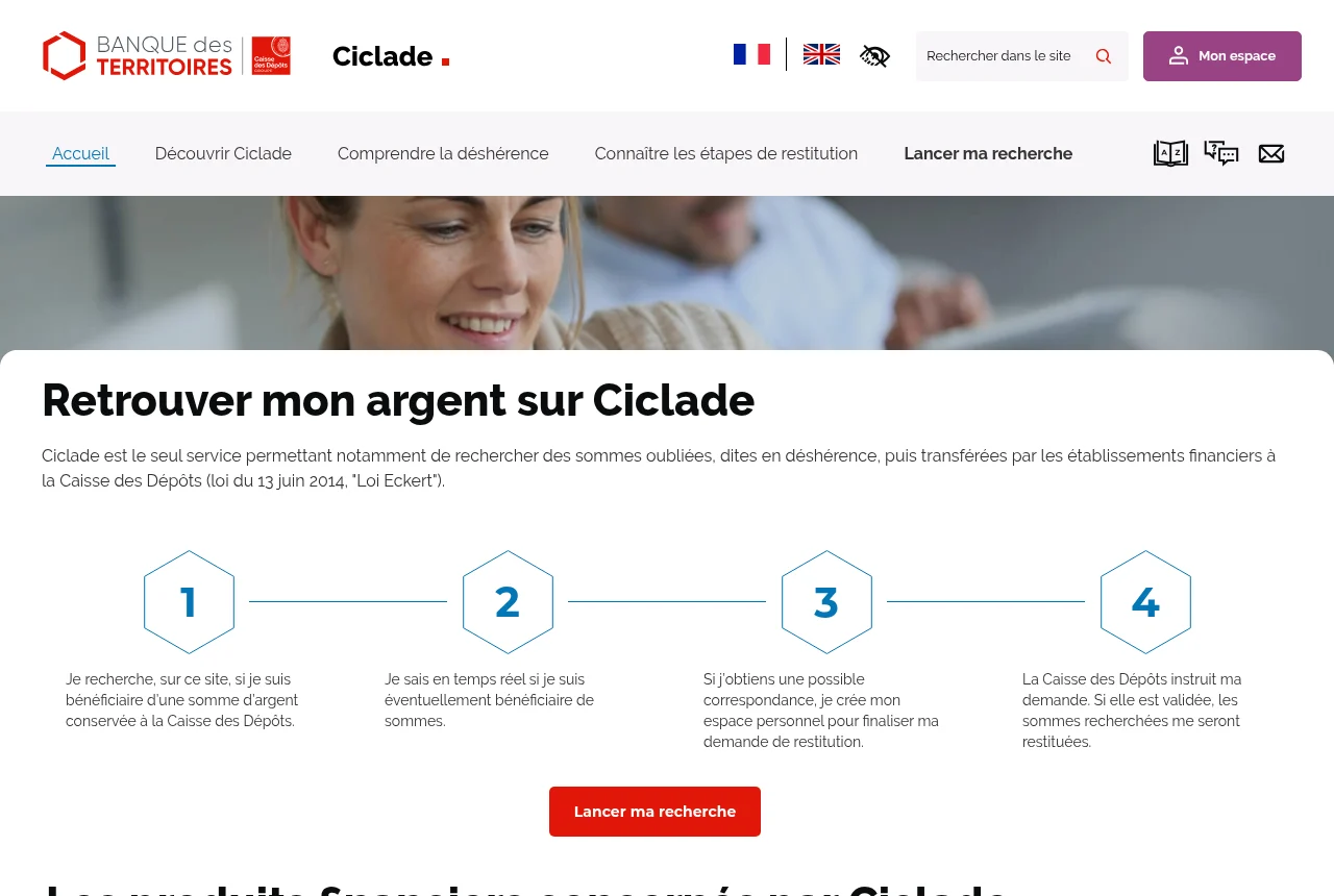 Page d'accueil de Ciclade, le service officiel de recherche des sommes oubliées