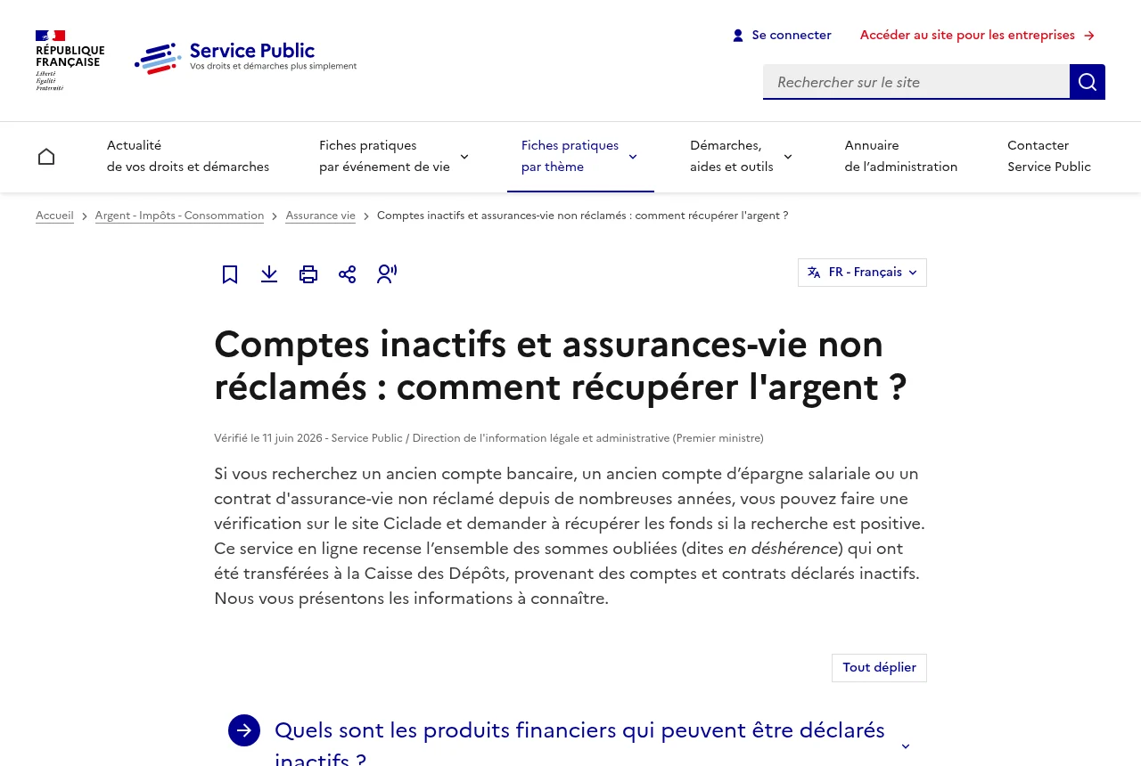 Fiche service-public.gouv.fr : comptes inactifs et assurances-vie non réclamés