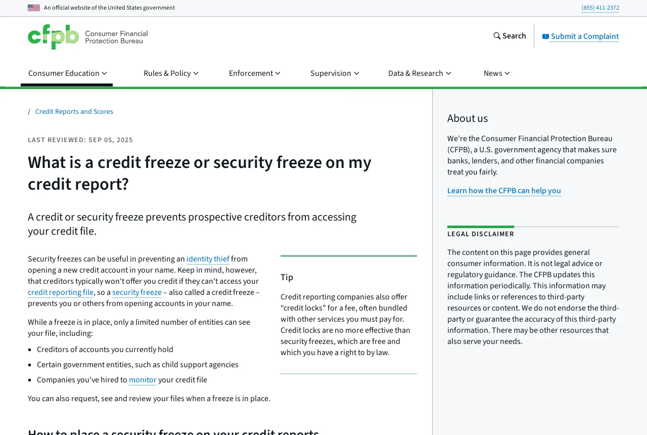 CFPB explainer on what a credit freeze or security freeze is