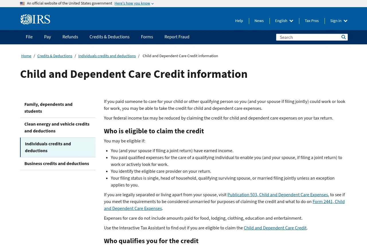 IRS page explaining child and dependent care credit information