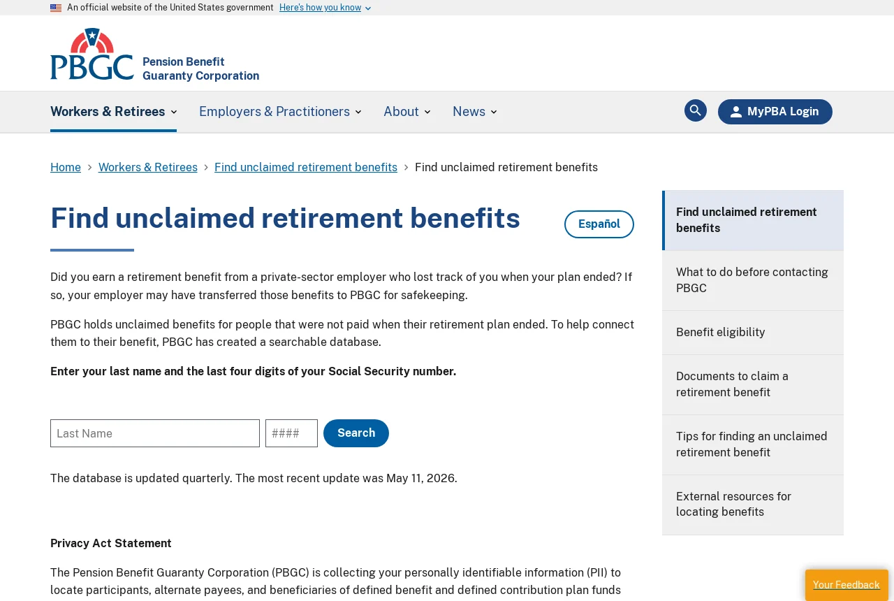 PBGC Find Unclaimed Retirement Benefits search page