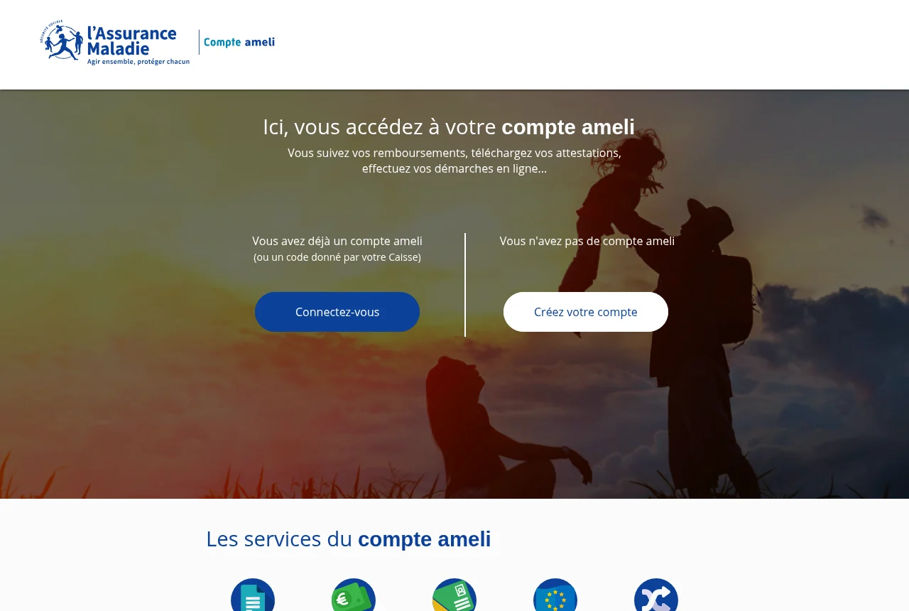 Page d'accès au compte ameli de l'Assurance Maladie