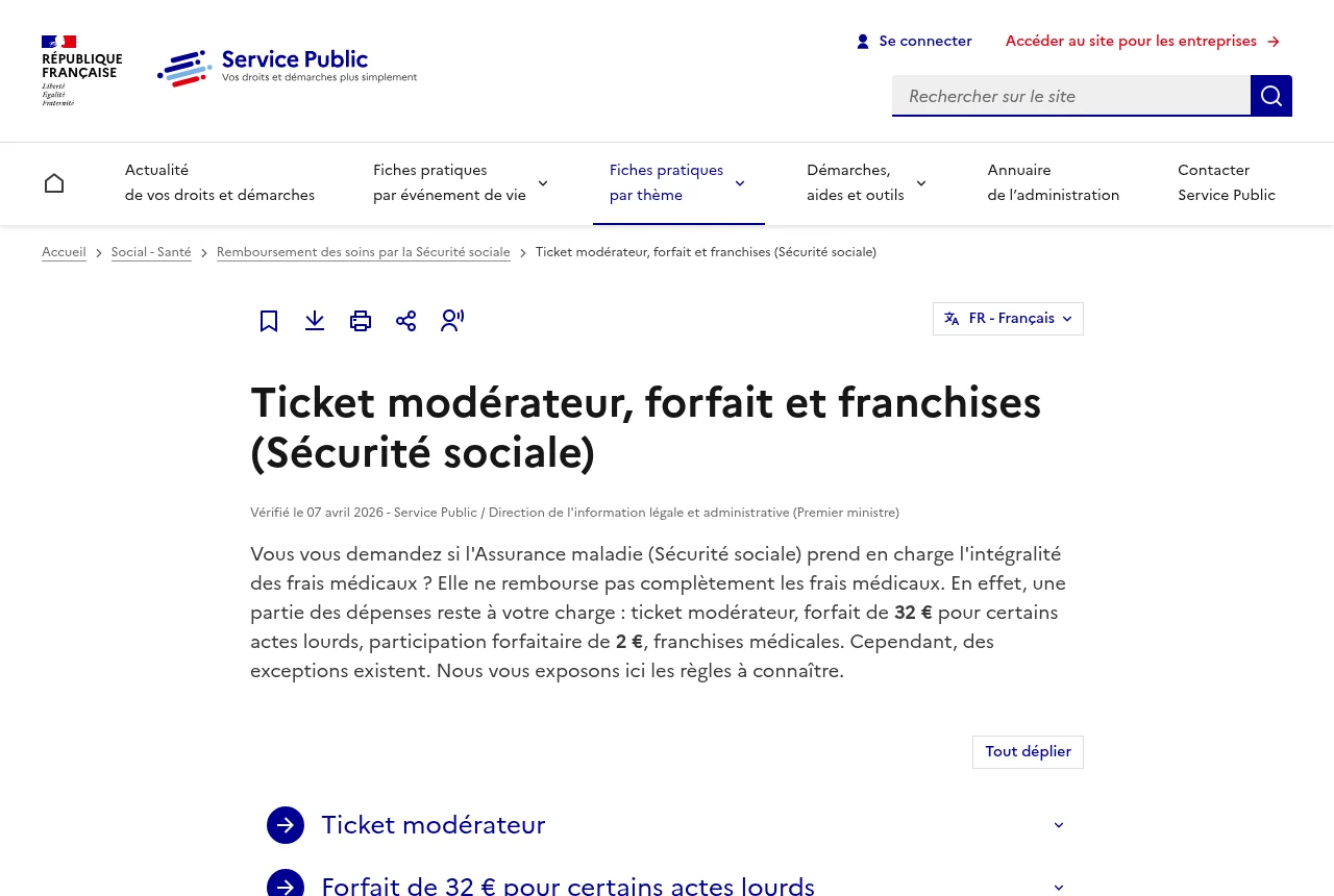 Fiche officielle service-public.gouv.fr sur le ticket modérateur, le forfait et les franchises