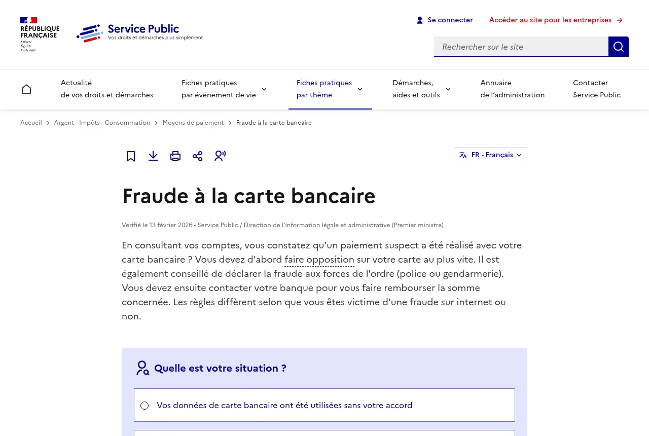 Fiche service-public.gouv.fr « Fraude à la carte bancaire »