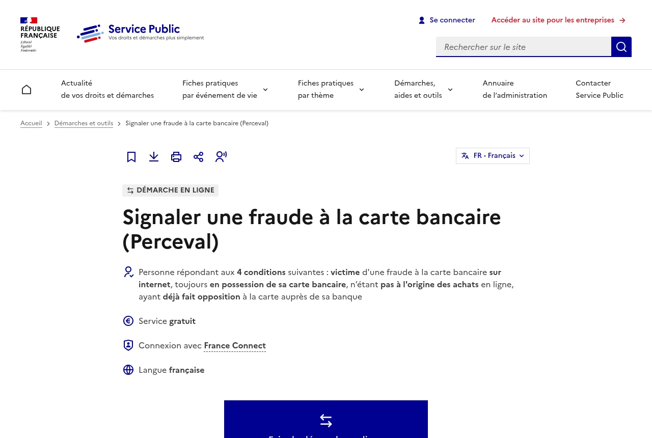 Page service-public.gouv.fr pour signaler une fraude à la carte bancaire via Perceval
