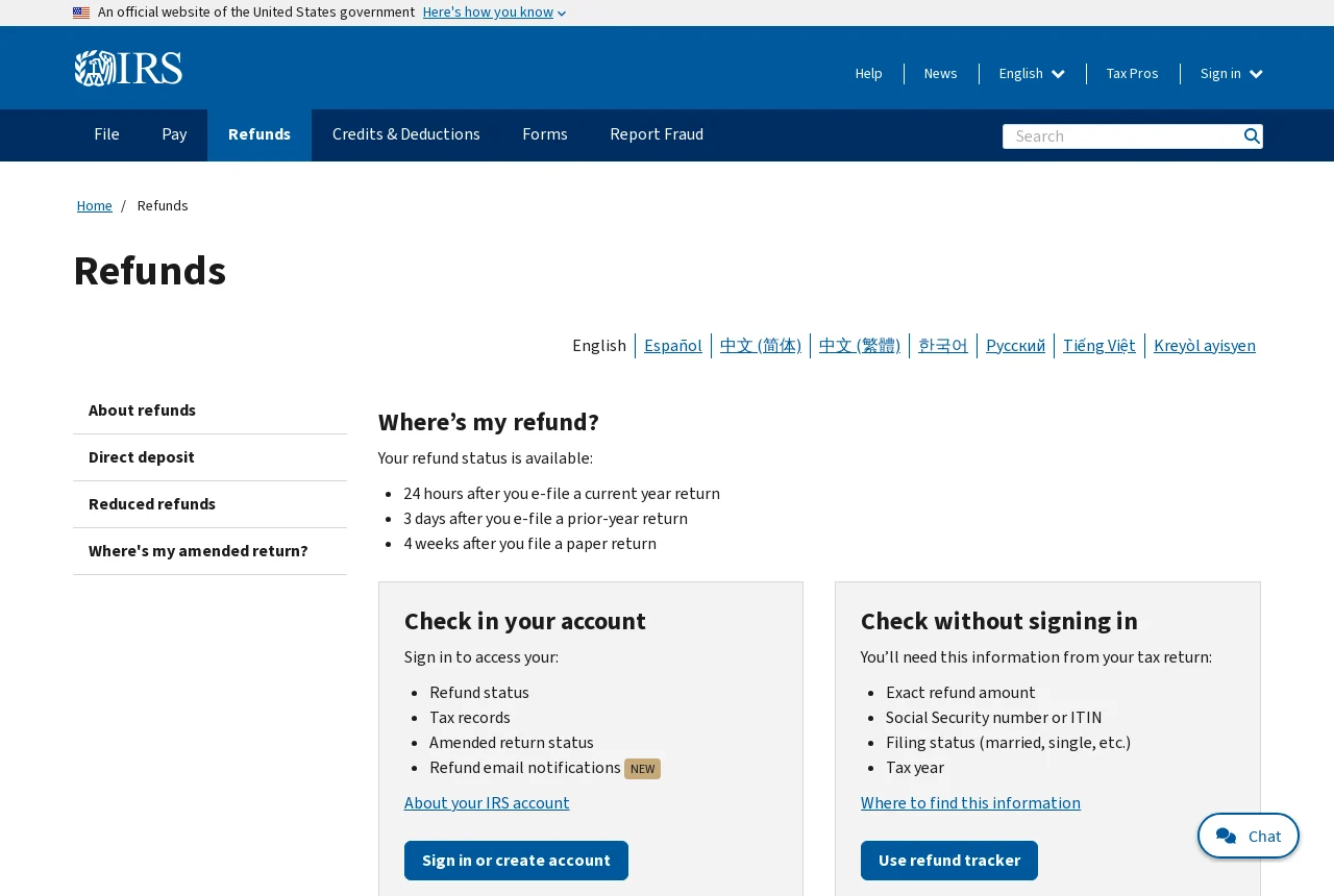 IRS Refunds page with the Where's My Refund tool