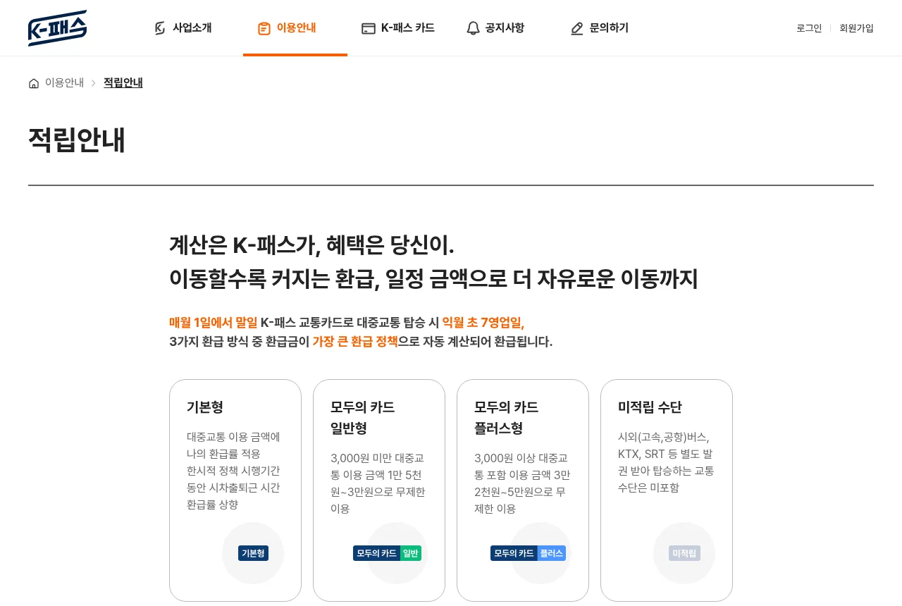 K-패스 적립안내 페이지의 환급 기준 화면