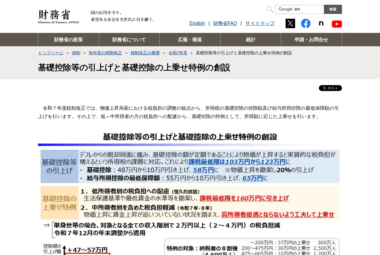 財務省「基礎控除等の引上げと基礎控除の上乗せ特例の創設」の解説ページ