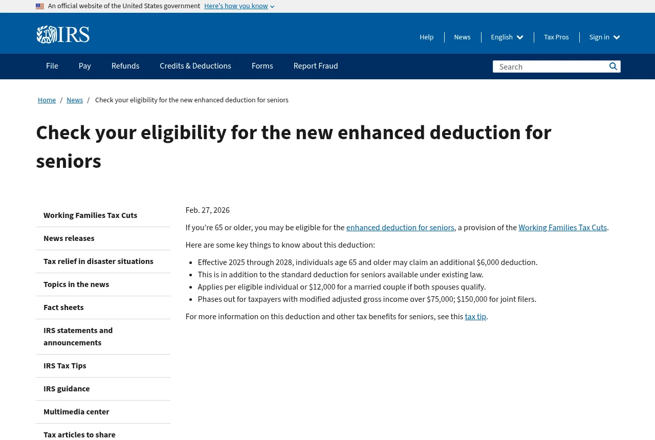 IRS.gov page on eligibility for the new enhanced deduction for seniors