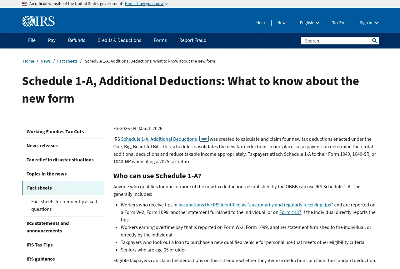 IRS.gov explainer for the new Schedule 1-A (Additional Deductions)