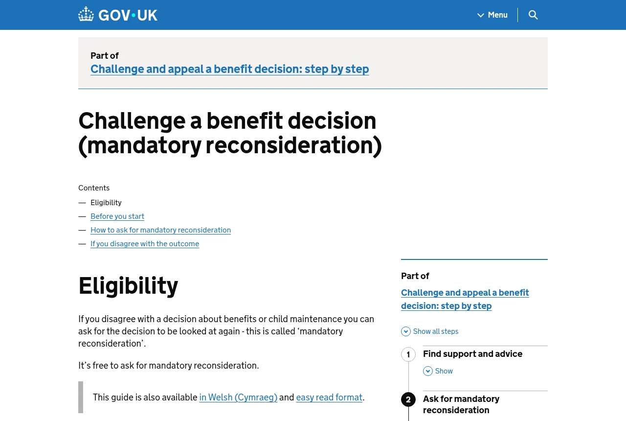GOV.UK guidance page on asking for a mandatory reconsideration of a benefit decision