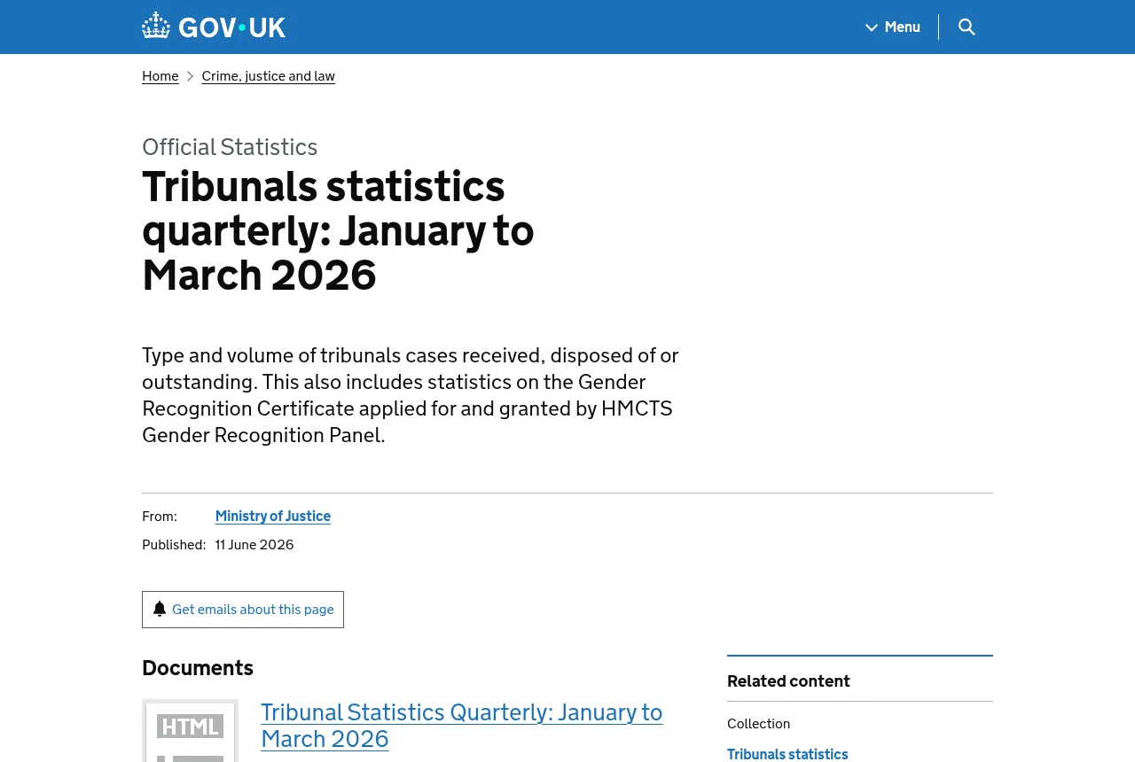 Ministry of Justice quarterly tribunals statistics publication page