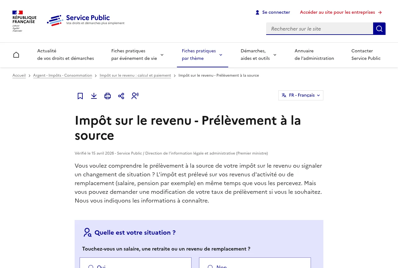 Fiche service-public.gouv.fr sur le prélèvement à la source