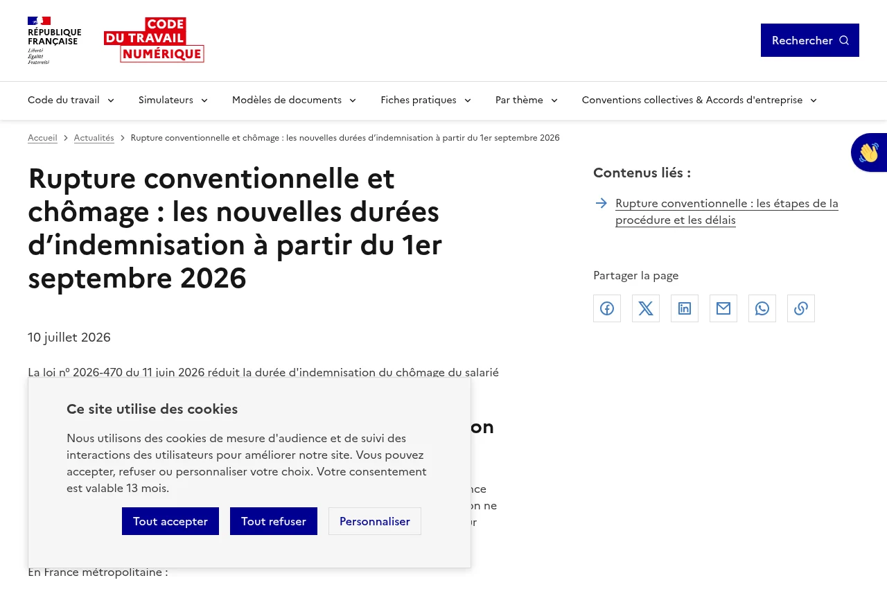 Page officielle du Code du travail numérique sur les nouvelles durées d'indemnisation au 1er septembre 2026