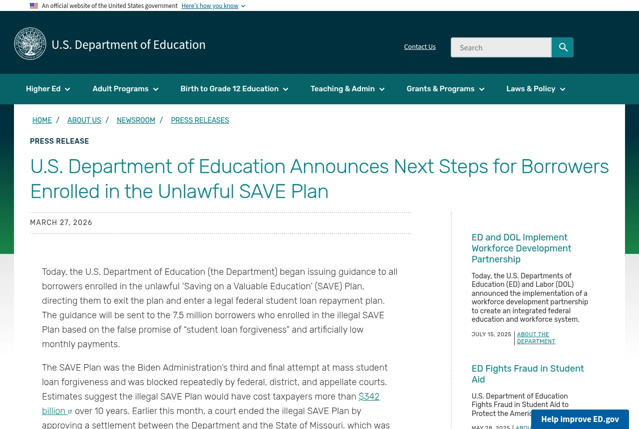 Department of Education press release announcing next steps for borrowers enrolled in the SAVE plan