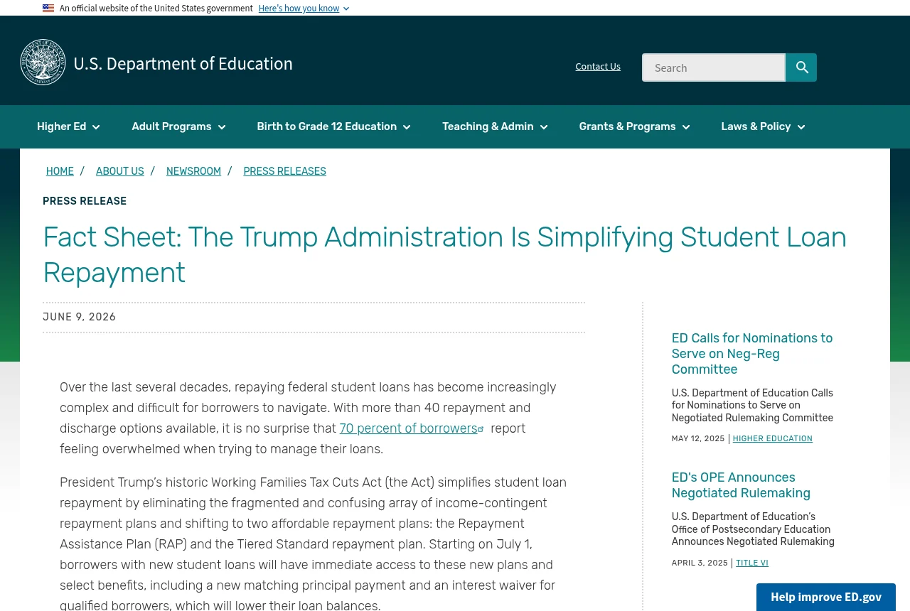 Department of Education fact sheet describing the Repayment Assistance Plan and the Tiered Standard plan