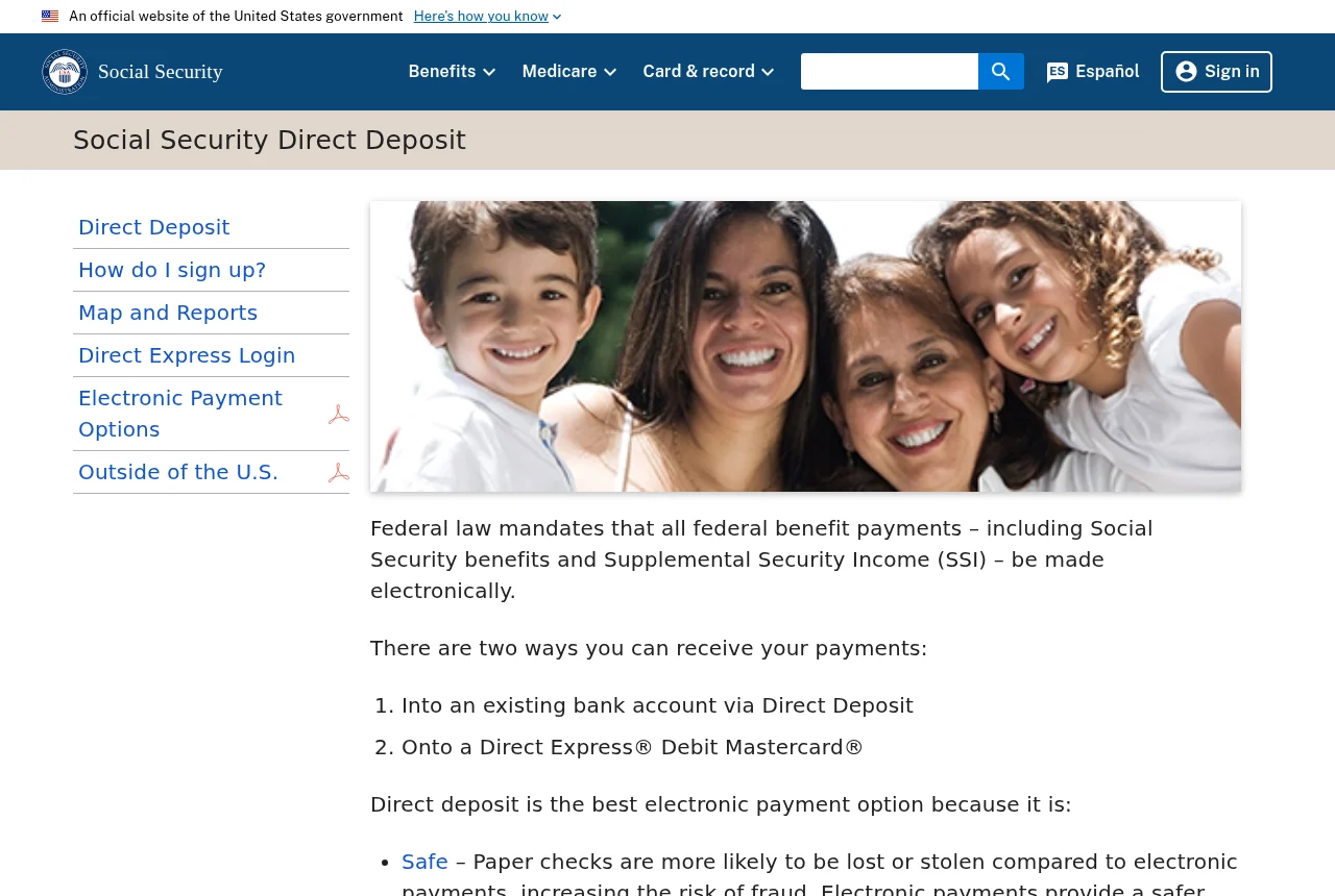 The official Social Security direct deposit page on ssa.gov