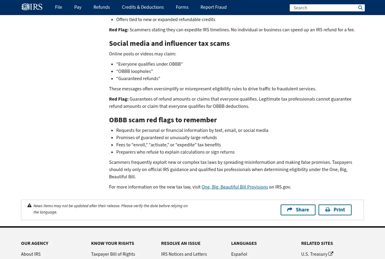 Official IRS guidance explaining warning signs for tax-benefit scams