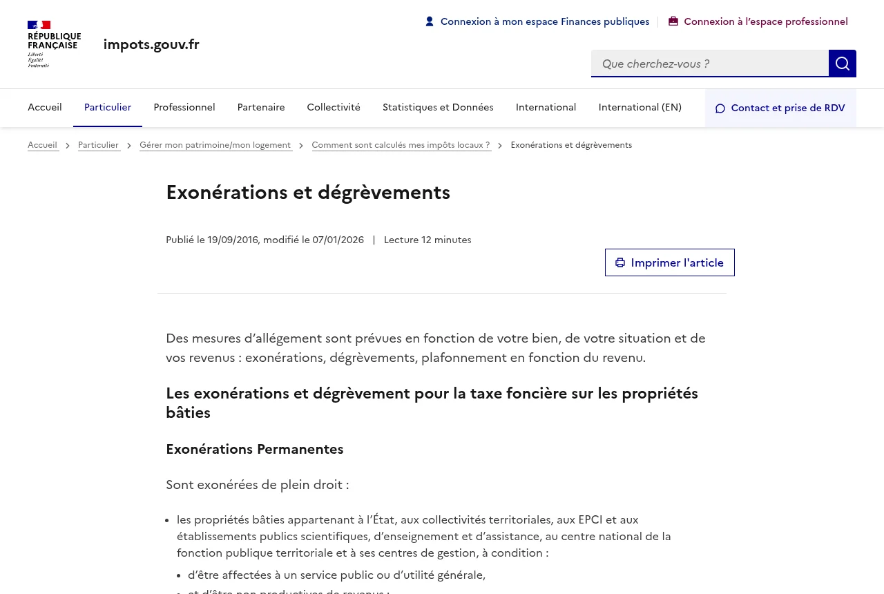 Page impots.gouv.fr consacrée aux exonérations et dégrèvements de taxe foncière