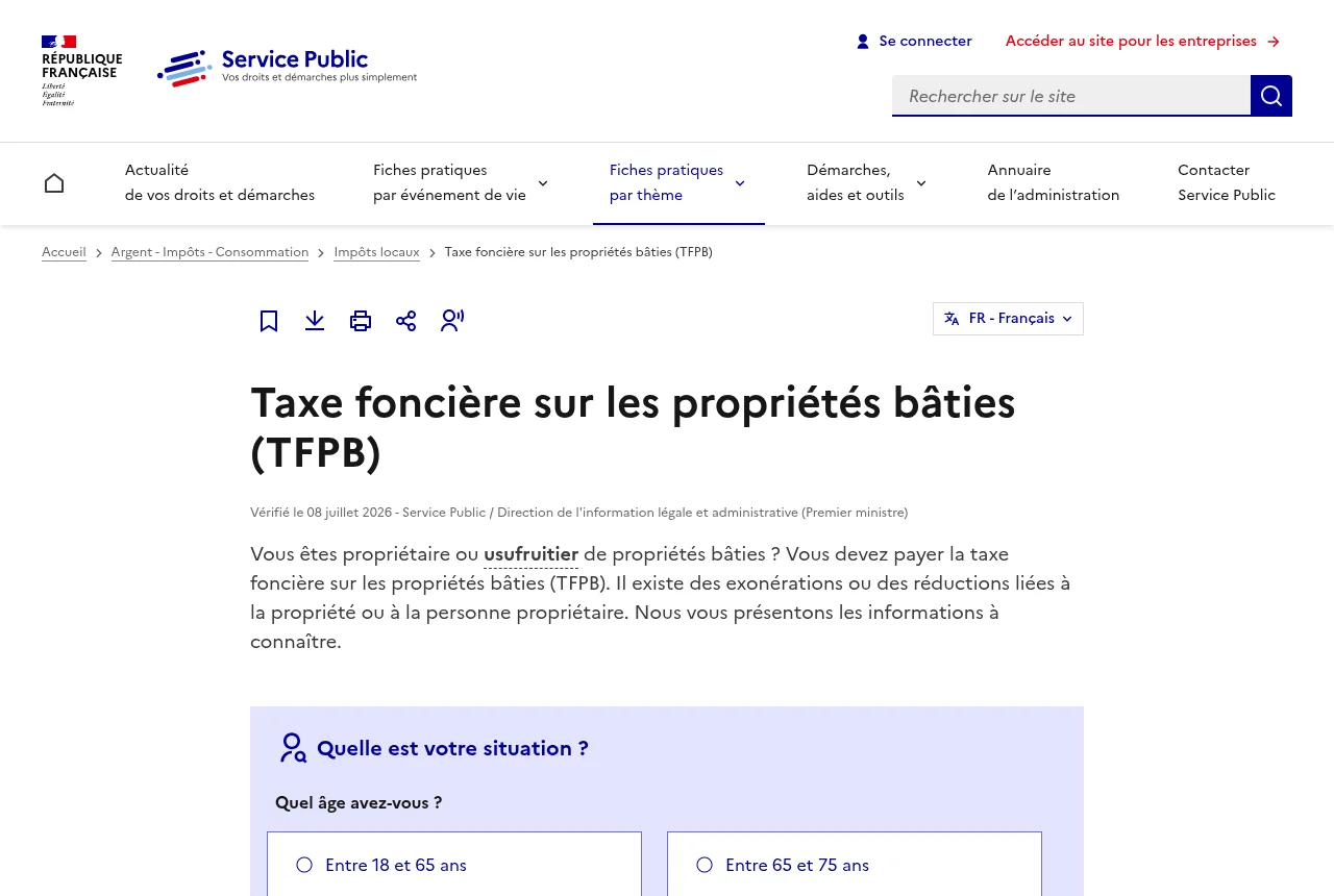 Fiche service-public.gouv.fr sur la taxe foncière sur les propriétés bâties