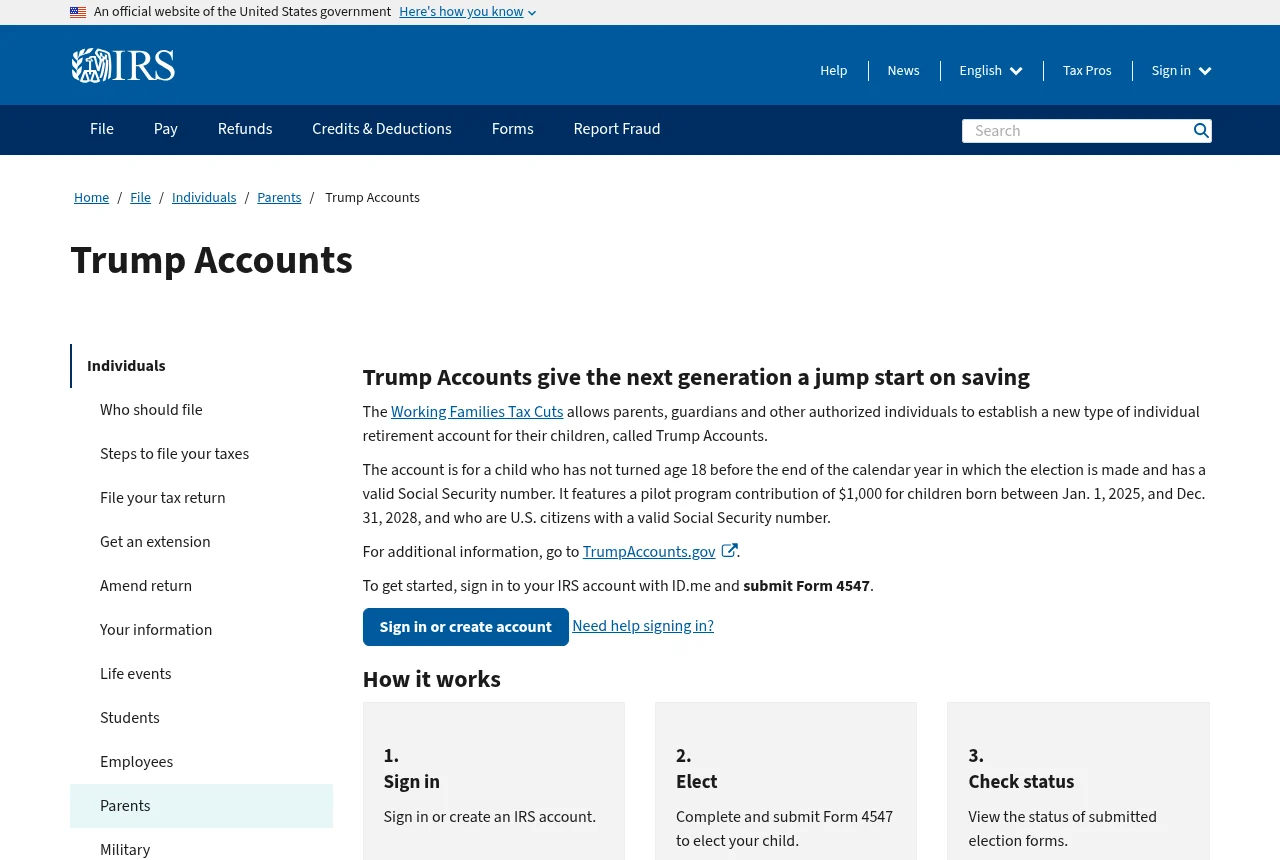The official IRS Trump Accounts page showing the sign in, elect and check status steps