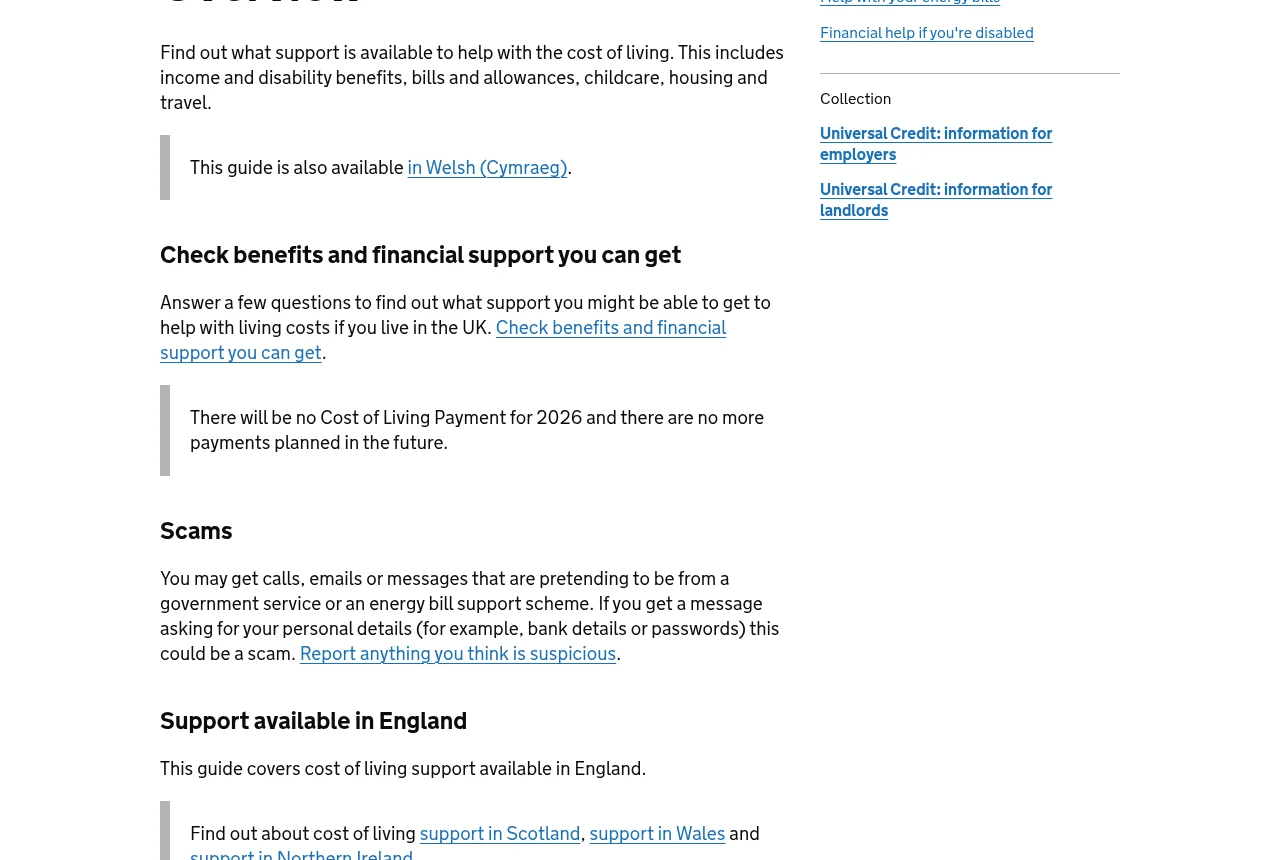 The official GOV.UK cost of living support page stating there is no Cost of Living Payment for 2026