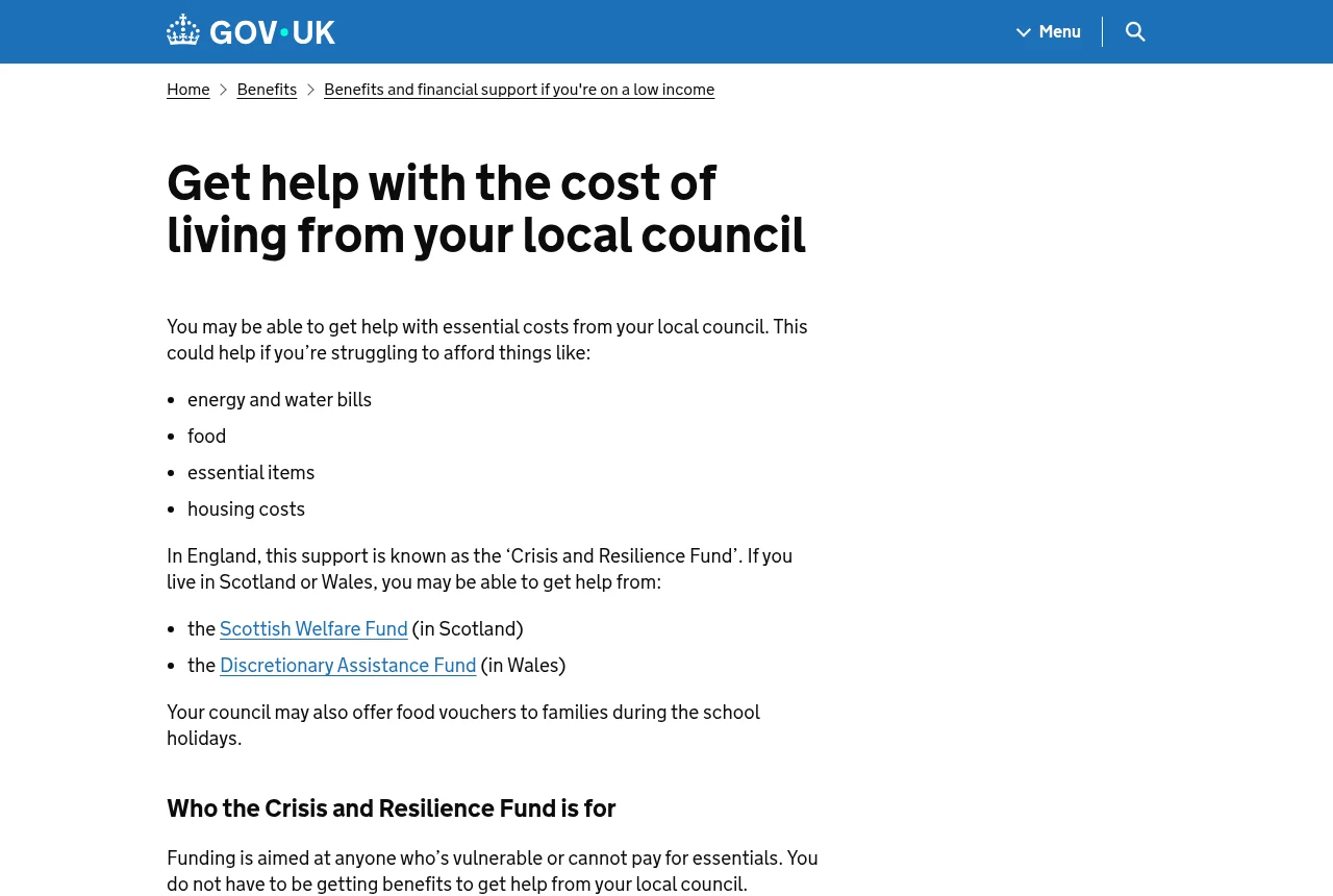 The GOV.UK page explaining that cost of living help in England is known as the Crisis and Resilience Fund