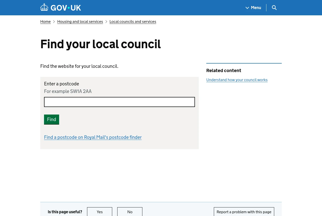 The GOV.UK postcode tool used to find your local council