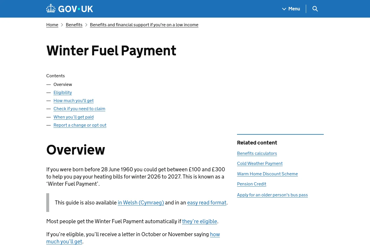 GOV.UK page: Winter Fuel Payment