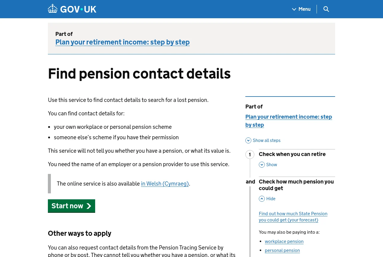 GOV.UK page: Find pension contact details