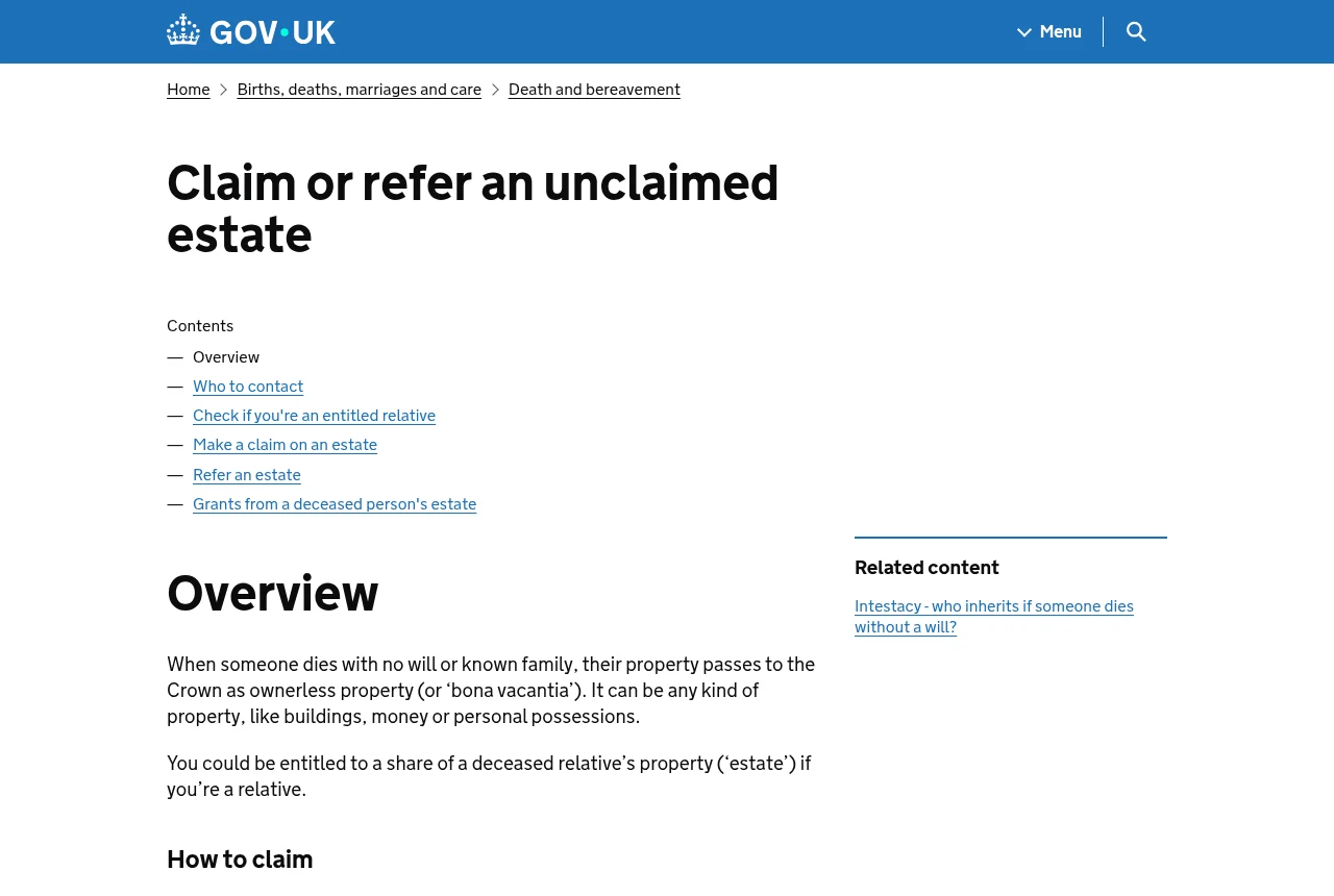 GOV.UK page: claim or refer an unclaimed estate (Bona Vacantia)