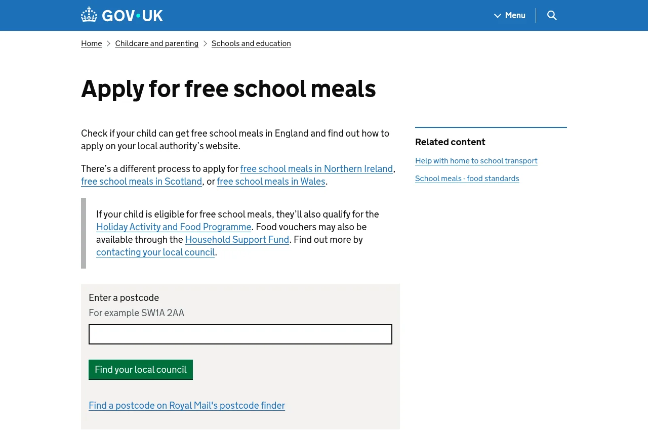 The GOV.UK page for applying for free school meals, which routes parents to their local council