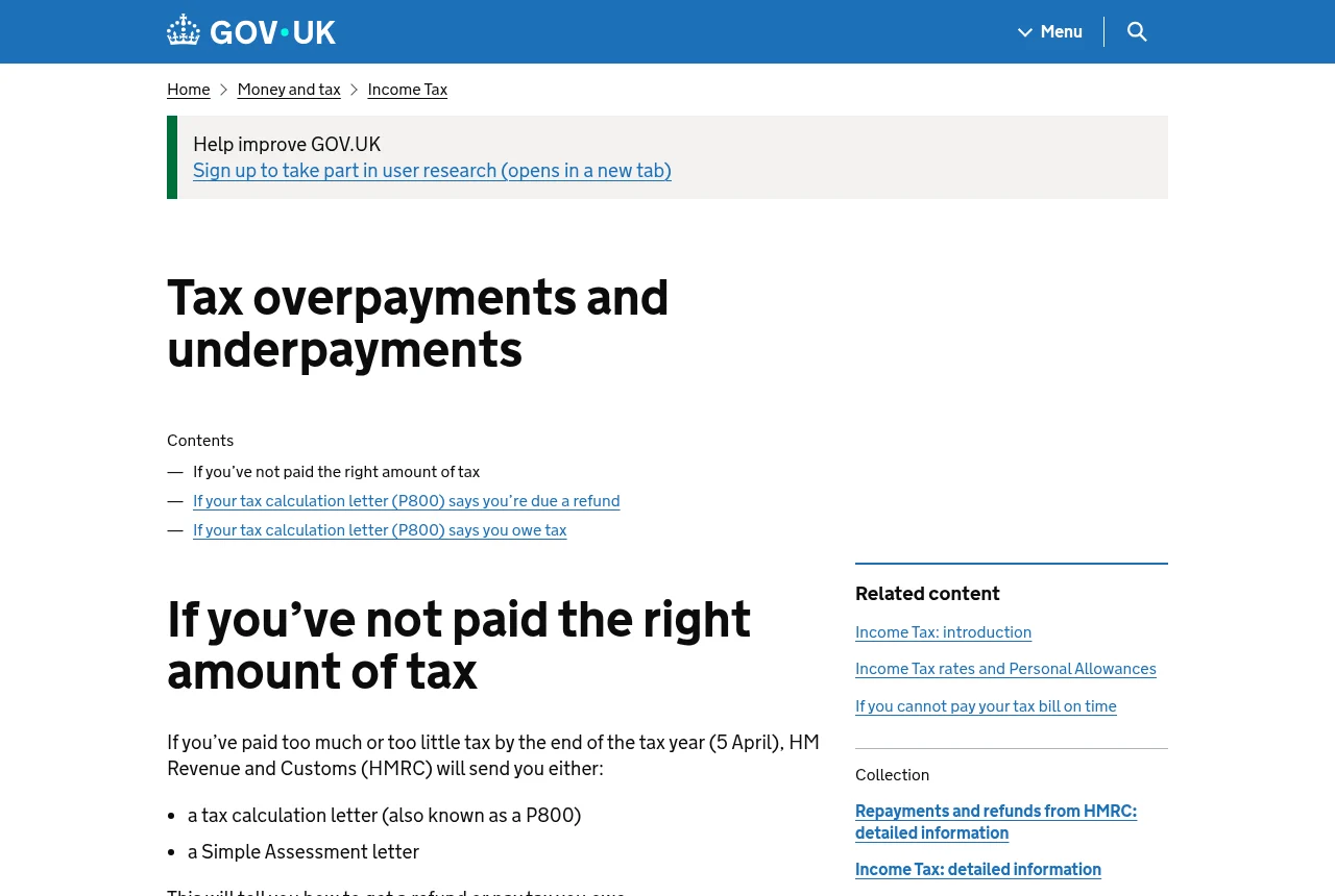 GOV.UK page: Tax overpayments and underpayments (the P800 letter)