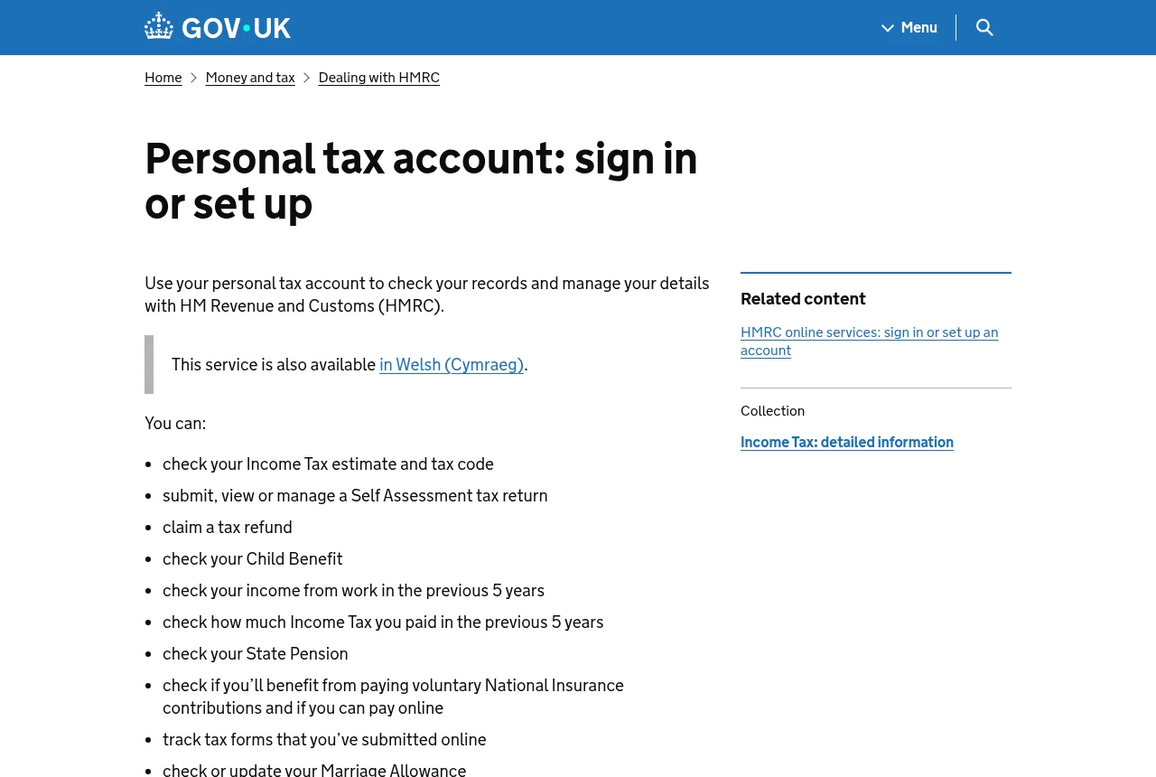 GOV.UK page: Personal tax account — sign in or set up