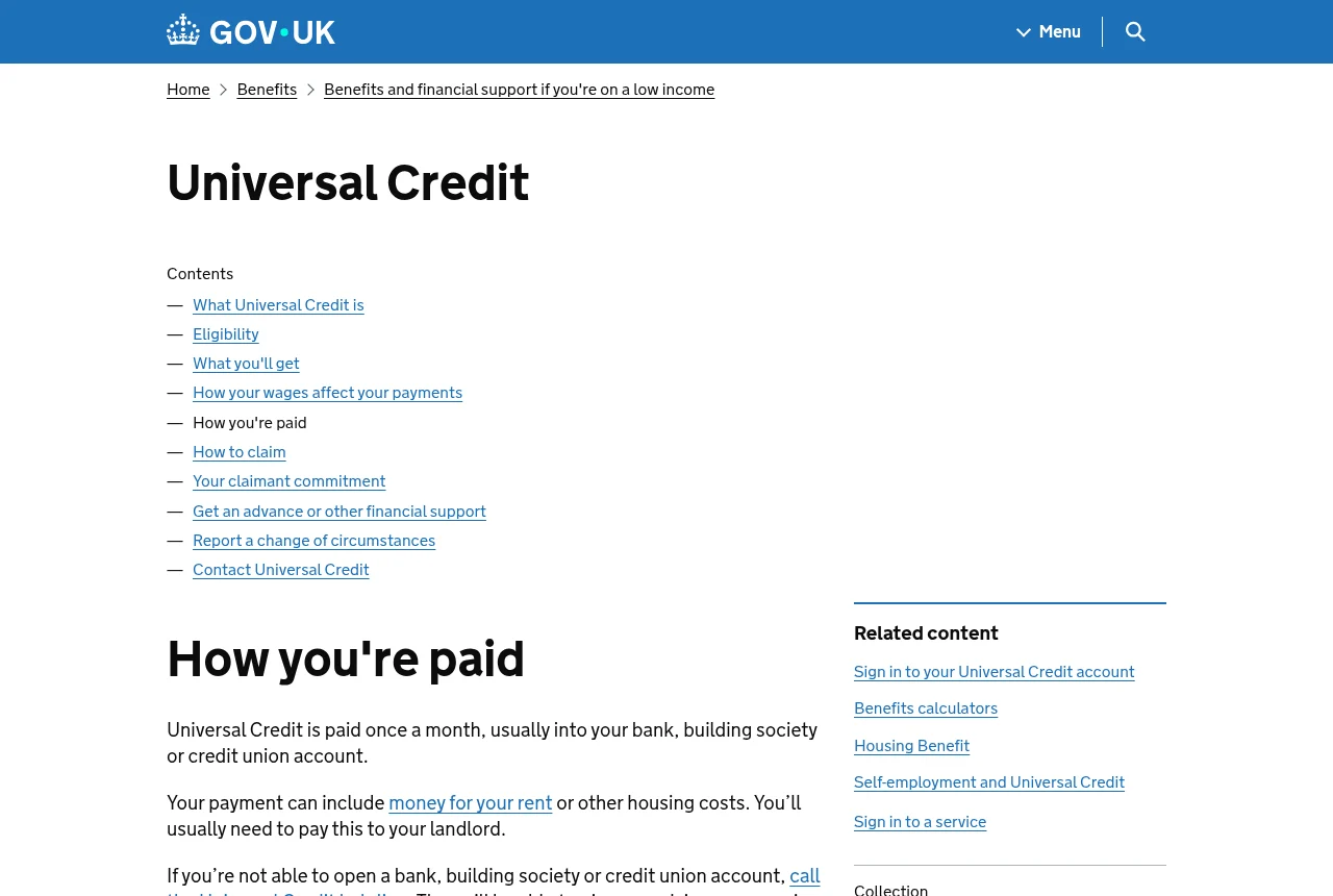 GOV.UK page: Universal Credit — how you are paid