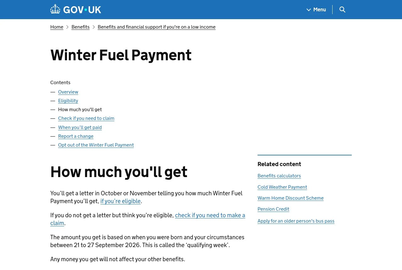 The official GOV.UK Winter Fuel Payment page showing how much you'll get