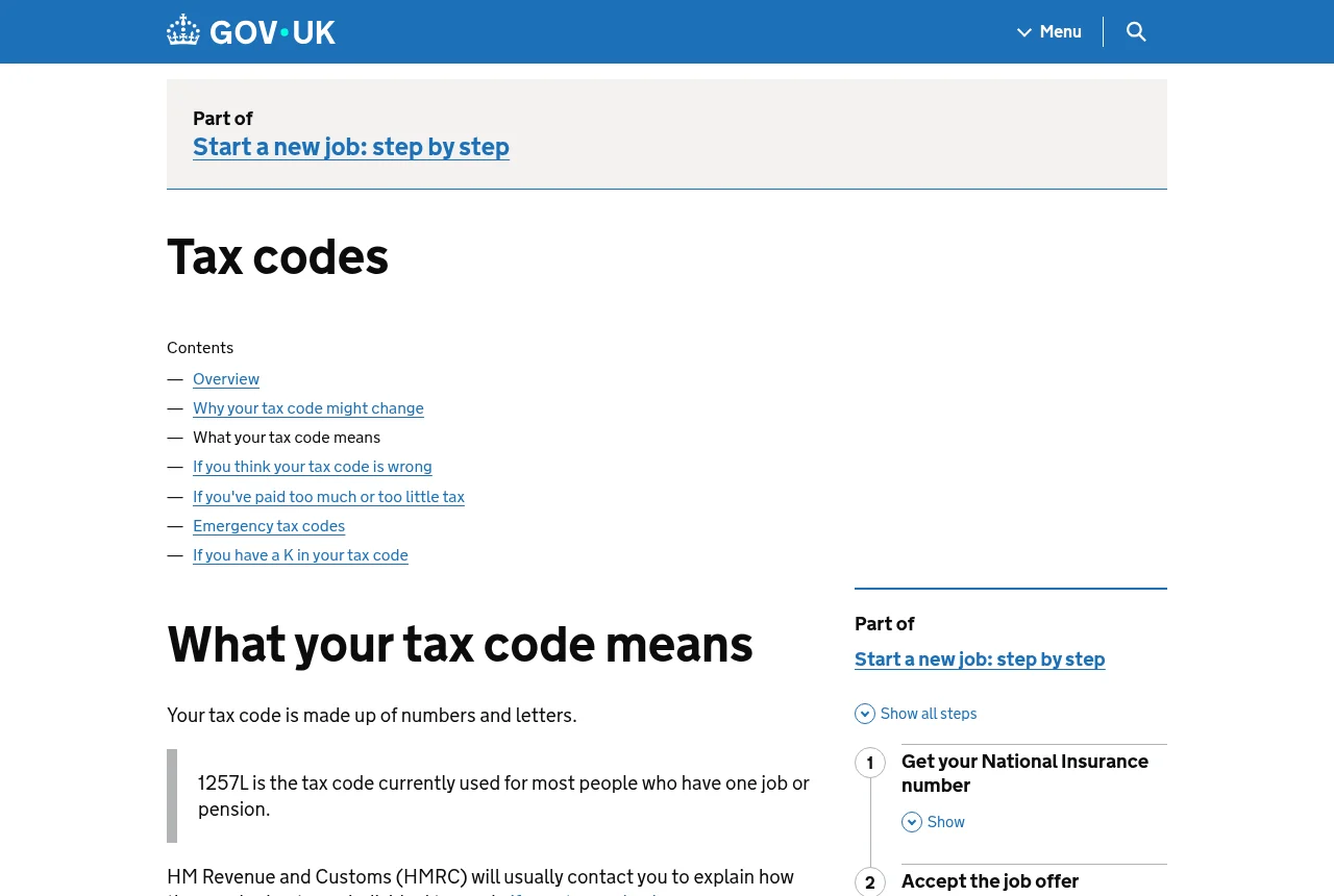 GOV.UK page explaining what the numbers and letters in a tax code mean